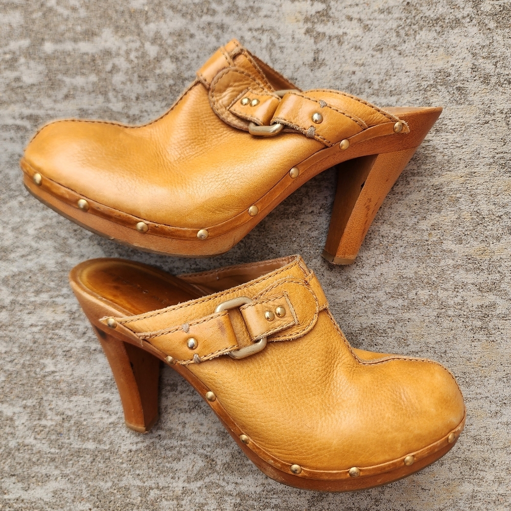 ANTONIO MELANI Tan Leather Studded Clog Mules